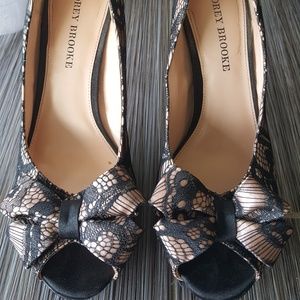 Audrey Brooke peep toe black lace stilettos